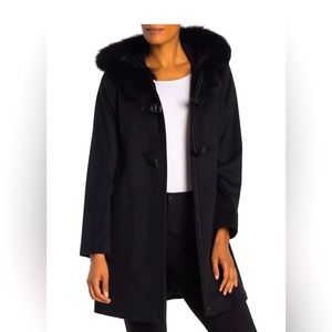 TRINA TURK Genuine FOX FUR Trim Wool Coat BLACK Size 2 NWOT Gorgeous💞